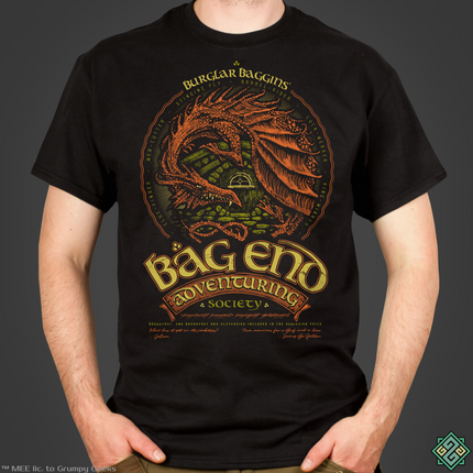 Licensed Lord of the Rings mens t-shirt with Bag End Adventuring art print