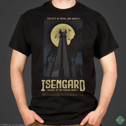 Licensed Lord of the Rings mens t-shirt with Isengard industrial poster art print