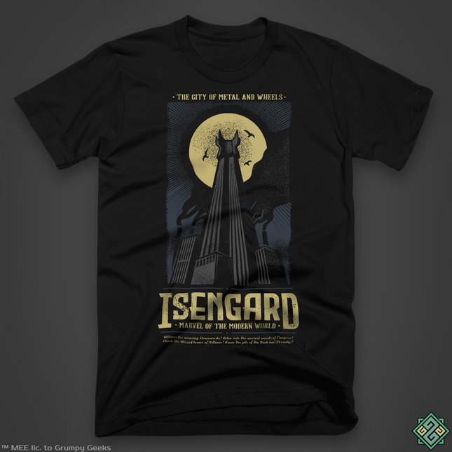 Licensed Lord of the Rings t-shirt with Isengard industrial poster design