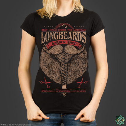 Licensed Lord of the Rings ladies t-shirt with Longbeards Barbershop art print