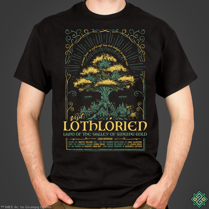 Licensed Lord of the Rings mens t-shirt with elven Lorien city art print