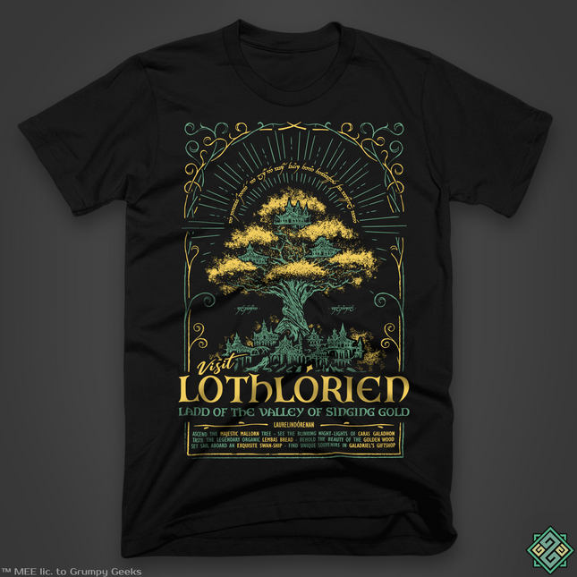 Licensed Lord of the Rings t-shirt with a golden tree Lorien design