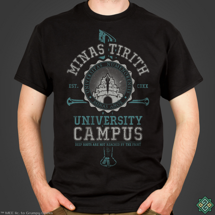 Licensed Lord of the Rings mens t-shirt with Minas Tirith Gondor University art print