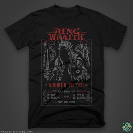 Licensed Lord of the Rings t-shirt with Ringwraith Nazgul Doomed to Die metal poster design
