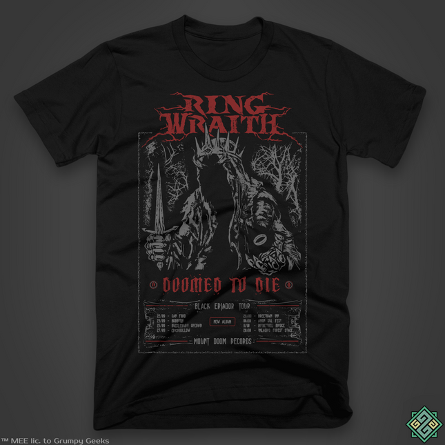 Licensed Lord of the Rings t-shirt with Ringwraith Nazgul Doomed to Die metal poster design