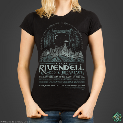 Licensed Lord of the Rings ladies t-shirt with Rivendell Bed & Breakfast art print