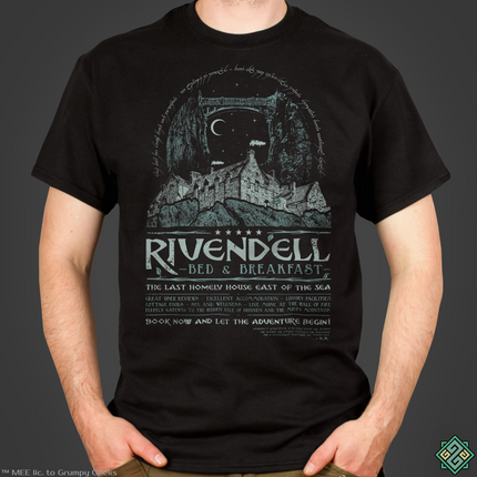 Licensed Lord of the Rings mens t-shirt with Rivendell Bed & Breakfast art print