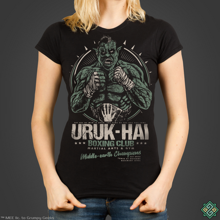 Licensed Lord of the Rings ladies t-shirt with Uruk-hai boxing club art print