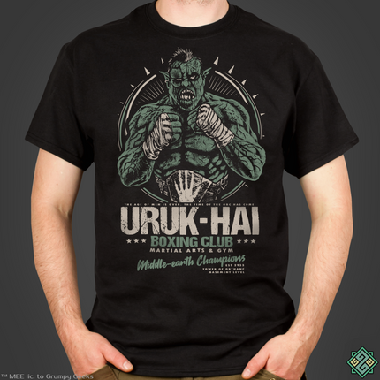 Licensed Lord of the Rings mens t-shirt with Uruk-hai boxing club art print