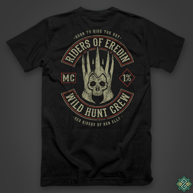 Black The Witcher t-shirt with Riders of Eredin Wild Hunt motorcycle logo back print