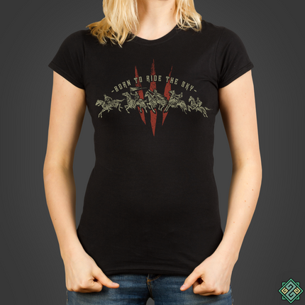 The Witcher inspired black ladues t-shirt with the Wild Hunt design on the chest