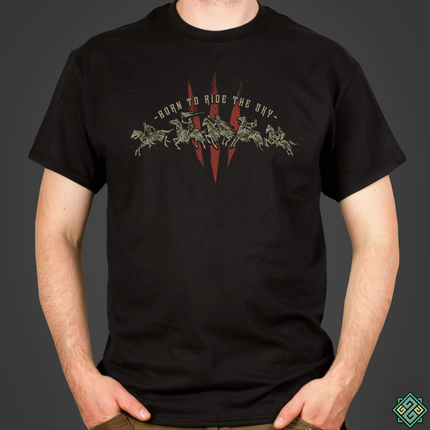 The Witcher inspired black mens t-shirt with the Wild Hunt design on the chest