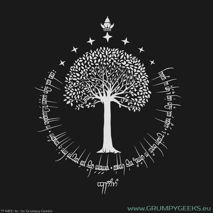 white tree of Gondor crest with elven sindarin writing